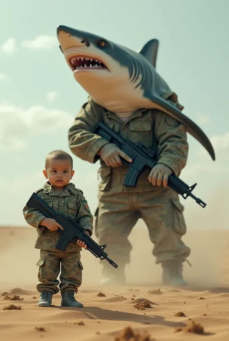   A realistic human baby standing in the uniform of the Brazilian army  ,  He has a machine gun next to him ; behind this baby , He has a gigantic, gigantic and very muscular shark with a Brazilian army uniform and a machine gun.  The scenario of them walk...