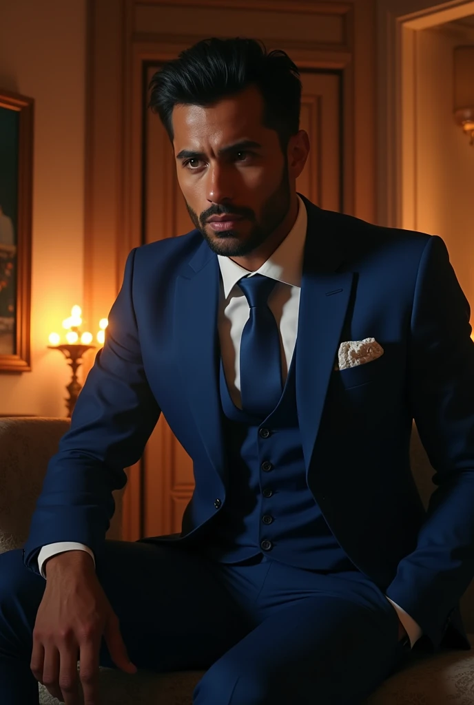  attractive Latino man in blue suit in dim light by candlelight, In a luxurious mansion, Missing his love who left ,  ultra realistic 