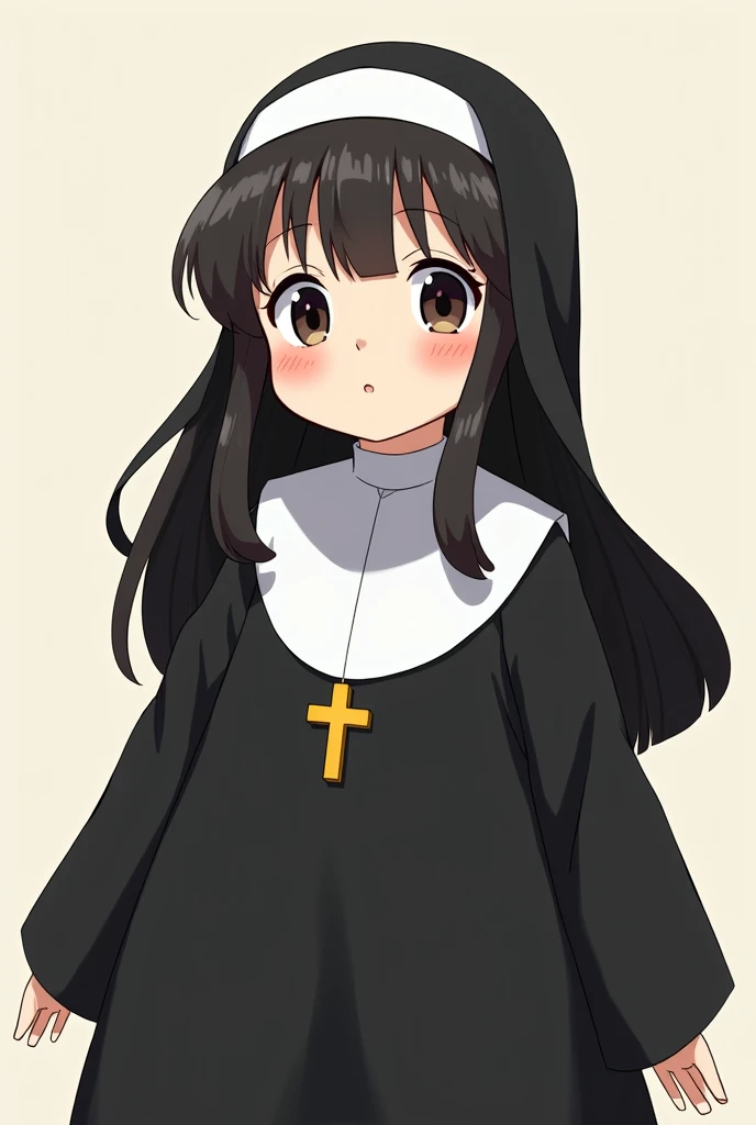 Create image of a plump anime girl in nun clothes and with black hair with manga style curlers