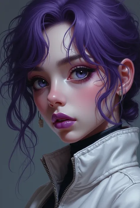 A detailed expressionist portrait of a  STAR WARS Anime Girl Princess Leia Organa Cool Evil White Jacket Zip purple-haired woman..., beautiful detailed eyes, beautiful purple detailed lips, Extremely detailed eyes and face, painted in faded black., long ey...