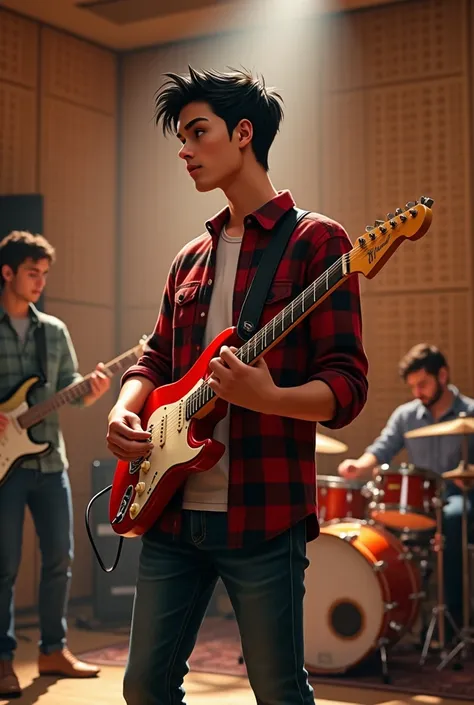 Medium size white male with short black hair plaid shirt and jeans wearing a guitar with bass player drummer and second guitarist in Studio 