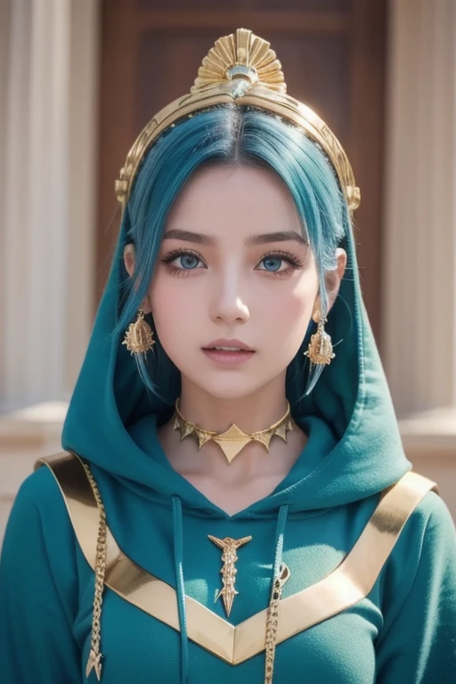 (masterpiece,  top quality ),   complicated details,,  One girl ,     mouth,  multi-colored hair ,  blue eyes, Shark hair accessory,  Gold Hair Ornament , gold choker,  gold jewelry ,  Sharp teeth, Green, blue hoodie,,  Greek clothing, Peplos,