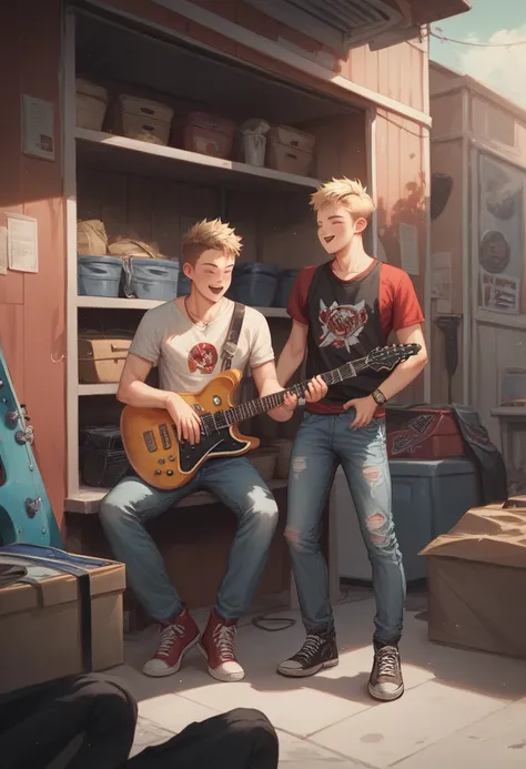 two young boys playing guitar together in a garage