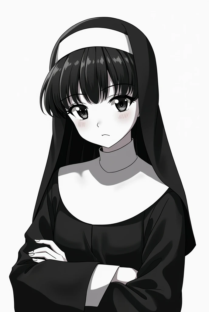 Create image of a serious anime girl with plump nun clothes and with black hair with manga style curlers and in black and white 