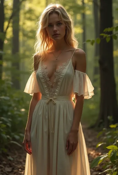 ( masterpiece), ( better quality), ( Detailed ), layer of light, 1solo girl,  Young girl in the woods ,  transparent and sexy colonial dress,  perfect body, blonde hair, defined chest, definite collarbone ,  ultra realistic , photorealistic ,  Detailed ,  ...