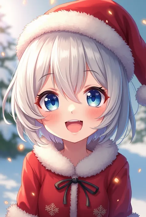 femboy ,  short white hair , blue eye ,  Christmas hat  , smiling 