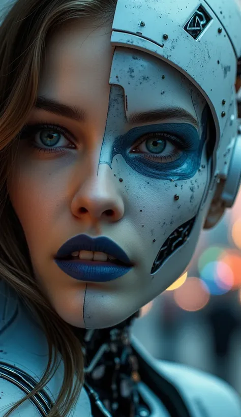 beautiful girl, one half of her face is a robot, the other half is a beautiful brunette with blue eyes, a slight smile, dark blue lipstick, cyberpunk style city in the background, detailed facial features, highly detailed, cinematic lighting, dramatic colo...