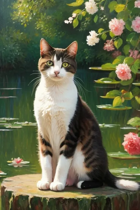 A picture of a cat sitting on an oil painting like Claude Monet