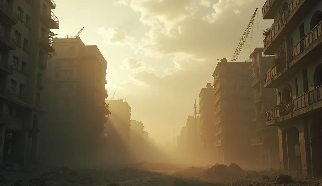 A desolate, post-apocalyptic cityscape shrouded in a thick, swirling dust cloud composed entirely of microscopic dust mites, clinging to the crumbling buildings and obscuring the weak sunlight. High-quality, ultra-realistic, 16:9 aspect ratio, cinematic li...