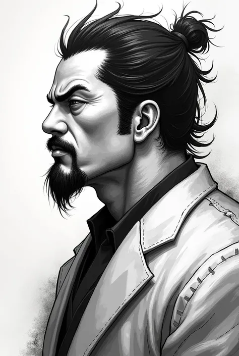  black and white cartoon,  pixelated sketch style , Profile of a strong Japanese man , Dark goatee ,  strong traits half body portrait,.frown, detailed, shadow,  hand drawing  