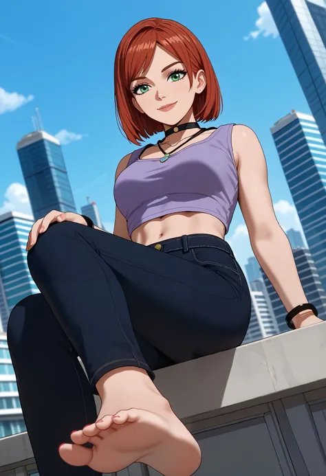 score_9, score_8_up, score_7_up, source_anime, rating_safe BREAK mary jane watson, 1girl, red hair, parted bangs, short hair, green eyes, medium breasts, pendant, necklace, black choker, purple shirt, crop top, navel, midriff, bracelet, black pants, smile,...