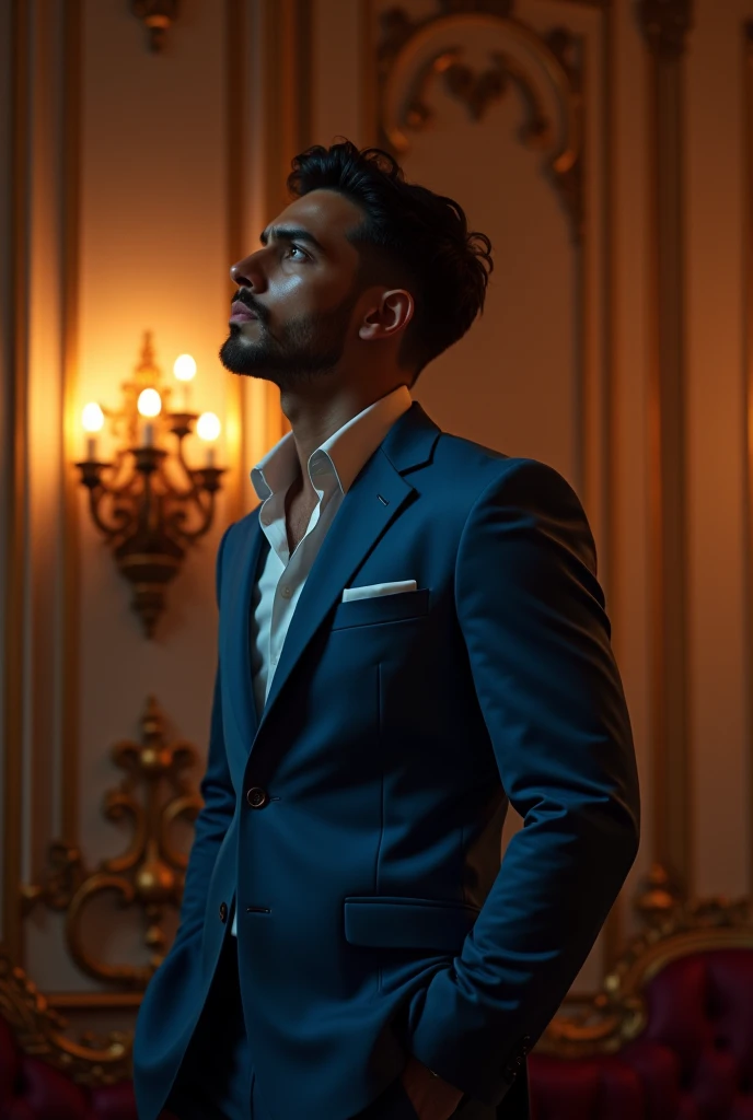 attractive Latino man in blue suit in dim light by candlelight looking up, In a luxurious mansion, Missing his love who left ,  ultra realistic , lateral view