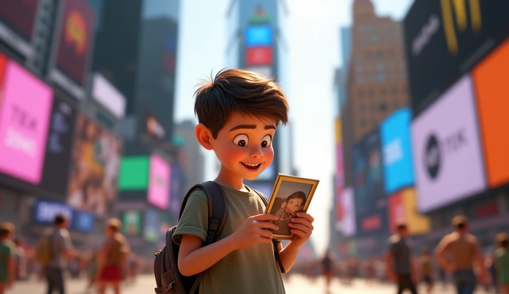  An animated cinematic 3D PIXAR STYLE scene, with a boy (  )  with a full body looking at the photo,  with Times Square in the background ,  sunny day .