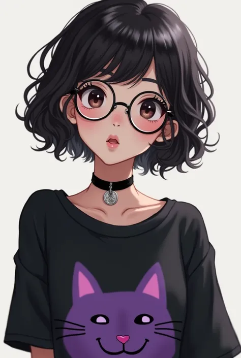 

Hair: short, voluminous and curly, with black color .

face: Young,  with delicate features and big eyes .

glasses:  Round and fine , casual style .

Accessory:  Black choker with small pendant .

clothing:  Oversized black t-shirt with purple cat print...