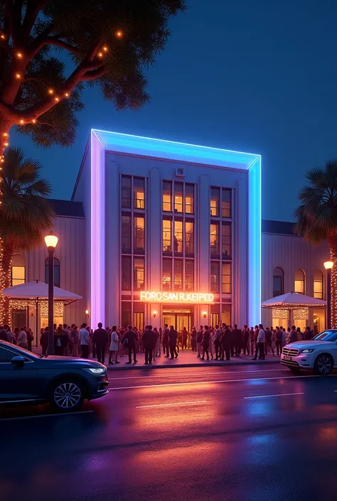 "A vibrant night scene outside the iconic Foro San Rafael, featuring a modern building facade with a bright illuminated sign. The street is bustling with people lined up near the entrance, surrounded by soft ambient lighting from decorative outdoor string ...