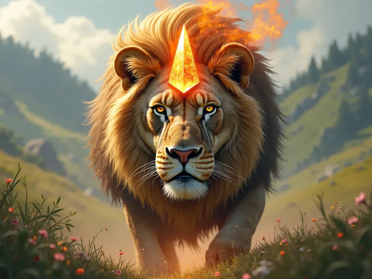 A charming close-up portrait， shows a lion with a brave horn that looks like a crystal head，The battle scene where he spits a fireball in the middle of the valley 