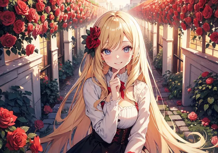 A blonde girl smiles happily in a garden of crimson roses. Her eyes are warm, and roses are dancing gently around her. The world is filled with happiness and a fluffy atmosphere