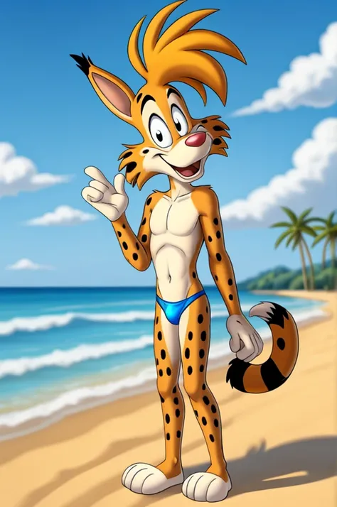 Lynx cartoon guy full length slim skinny in blue speedo on the beach with a happy face striped tail