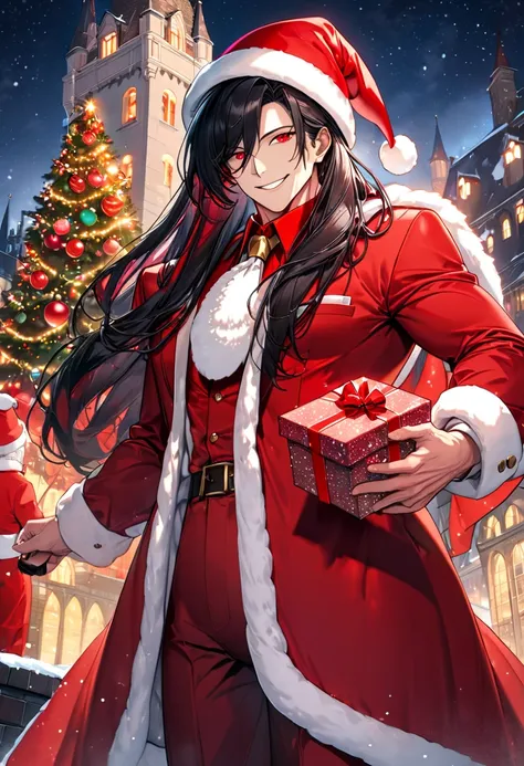 beautiful low-angle, upper body, pov. (solo), solo, (best immensely cool Gentleman is age 520), (cool smile), (best cool and sharp red eyes), (vivid black hair long hair), (ultra stocky and tall body with red aura:1.3), (in a vivid red Santa Claus Costume,...