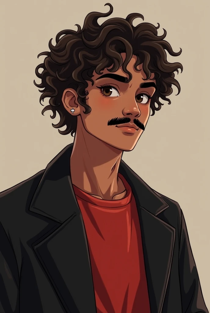 Create a 21 year old guy with curly hair up to the back of his neck with dark brown coloring a simple mustache red t-shirt with a black coat colça Jaen scratchcard wearing a low-heeled boot, dark brown eyes with brown skin, A cross earring , Complain sligh...