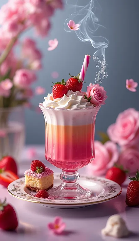  create a delicious ice cream effect, with flowing waterfalls  ，,  cigarette smoke， is shaped like a vase with blooming flowers，A rose made of diamonds ， Is it possible  ，Exquisite，Advanced，  A delicious drink wrapped in a fancy plate  , dessert, and fruit...