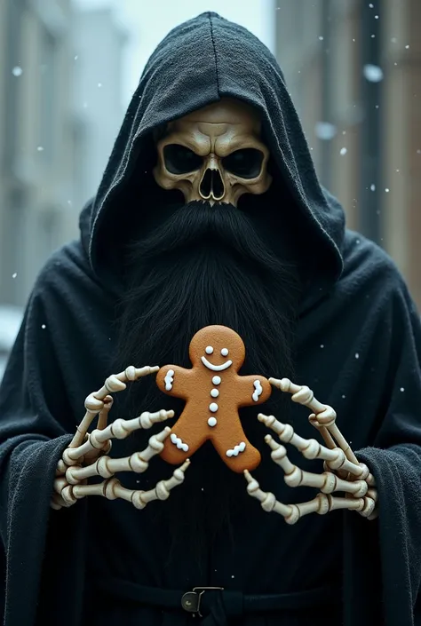 Old Klaus ,  a dark entity that appeared on Christmas Eve to punish those who lost the Christmas spirit.   black beard as charcoal and skeletal hands, holding a gingerbread