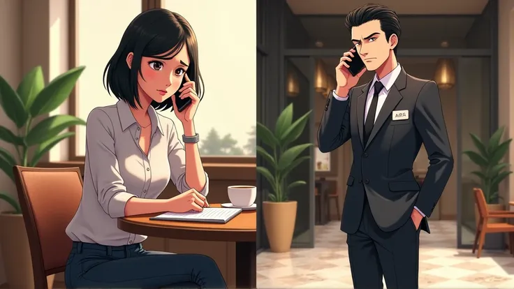 A split-screen composition divided diagonally. On the left side, An Nhien, a 35-year-old woman with black layered bob hair that falls neatly around her face, giving her a sophisticated look, light skin, and a slim, professional build, digital anime illustr...