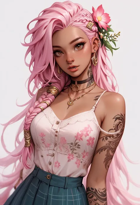 score_9, score_8_up, score_7_up score_9, score_8_up, score_7_up, score_6_up, score_5_up, score_4_up, g0th, 1girl, jewelry, nose piercing, dark skin, flower, piercing, hair flower, dark-skinned female, tattoo, pink hair, nose ring, hair ornament, necklace, ...