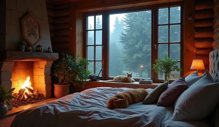  A rustic bedroom with fireplace and extremely cozy with elements that harmonize with each other. Above a bed is a small cat sleeping pleasantly. Through a large window a rainy night with an impressive view 