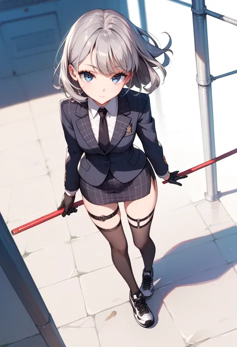 bangs, black gloves, gray hair, medium hair , navy blazer, long sleeves, black stockings , full body shot , black sneakers, blue eyes, thigh straps, black tie , standing , black plaid pencil skirt, cute face, view from above