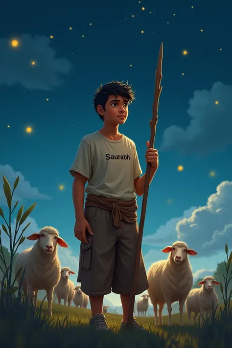 Saurabh gadariya meri t shirt me likha hai aur mai sheep chara raha hu haath mein lathi sir me safa bade hai night hai aur jugnu hai Tare tim time rahe hai 