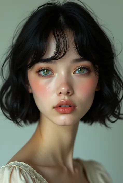 A girl half round face wavy black hair Chanel-like cut green eyes half dark pale skin 