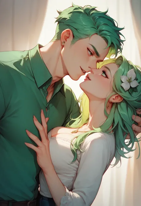 a green-haired anime-style boy and girl , Green-haired staring at each other almost ready to kiss