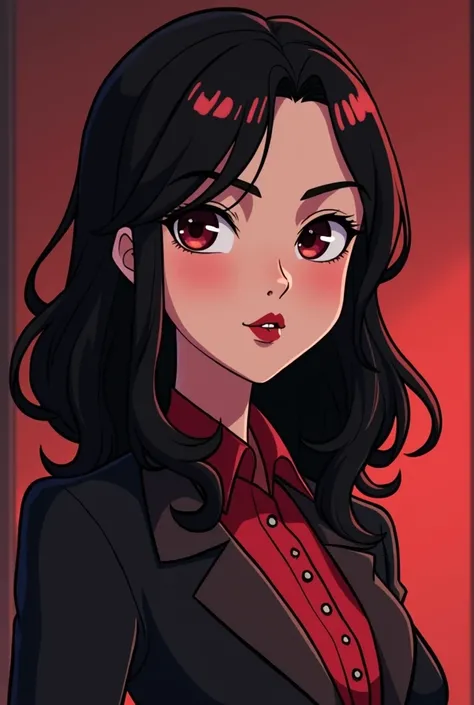 Generate a Caucasian woman between the ages of 18-25 with maroon eyes, dark lips, black hair with red highlights that’s about medium length. And with heavy emphasis in the exact same animation style as the 2021 show “Arcane” (like the character Jinx)(simil...