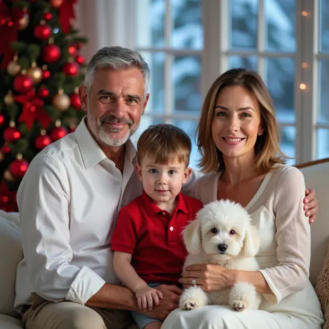  image shows three people grandparents with their grandson in a luxurious and modern white room with a red Christmas tree overlooking the snow on a beautiful night.  Two of the old people , A 50-year-old man,  short straight and wavy gray hair ,  brown-eye...