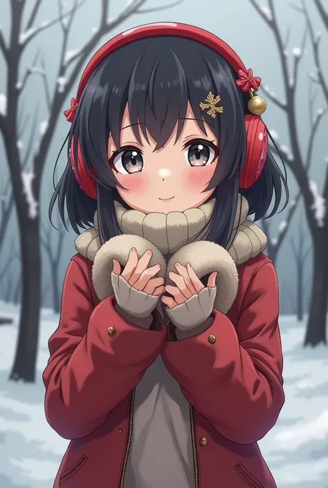 Full body anime style girl
That your hands are clutching some plush headphones
Desolate background
Christmas style