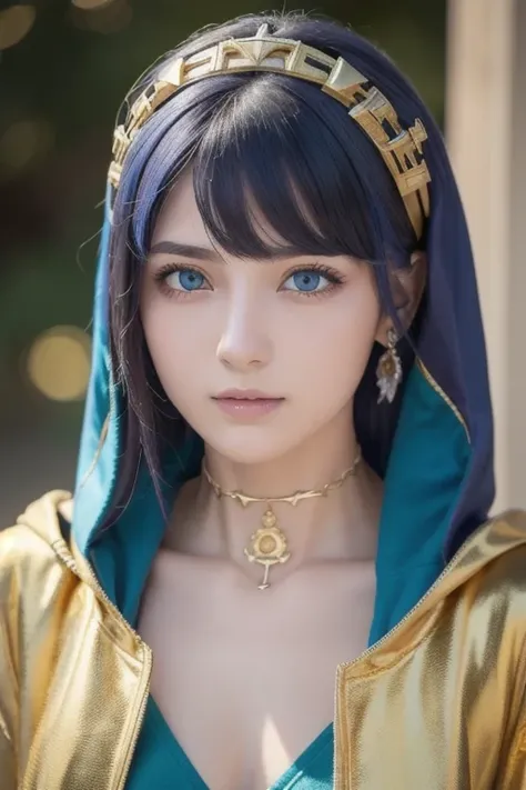 (masterpiece,  top quality ),   complicated details,,  One girl ,     mouth,  multi-colored hair ,  blue eyes, Shark hair accessory,  Gold Hair Ornament , gold choker,  gold jewelry ,  Sharp teeth, Green, blue hoodie,,  Greek clothing, Peplos,