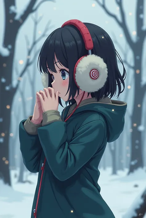 Anime style girl full body profile 
That your hands are clutching some plush headphones from your ears 
Desolate background
Christmas style