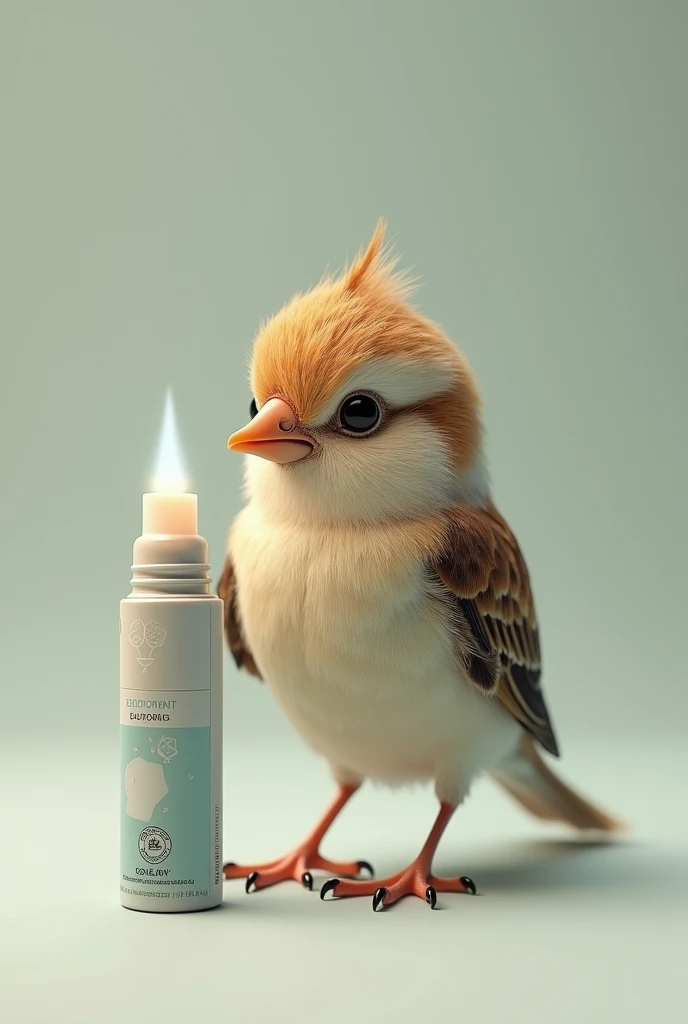 Realistic little bird shaped like a microphone putting on deodorant 