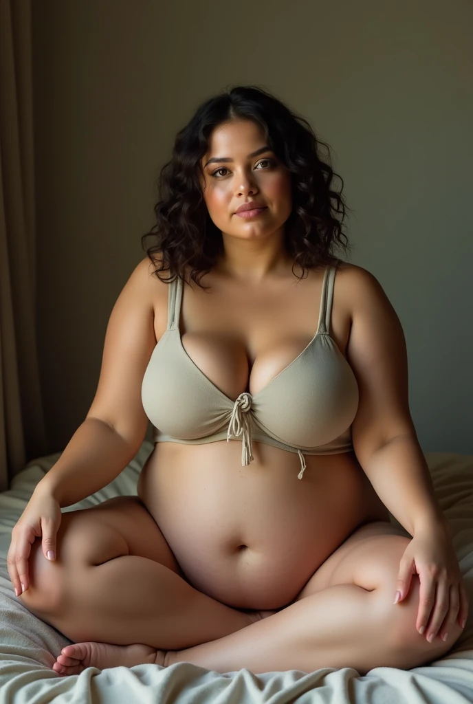 A brunette girl with curly hair and big breasts sits with her legs stretched out, taking a realistic photo