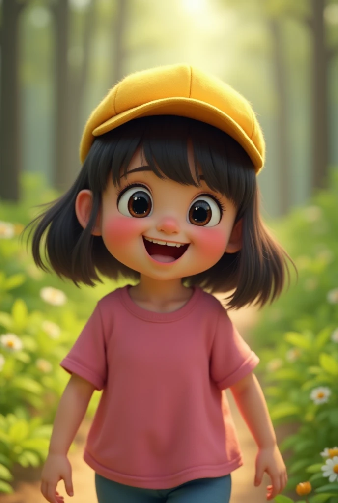 a one happy Girl with smiling face, chubby girl, wearing pink shirt, yellow hat, walking in lush green forest, detailed face, beautiful eyes, chubby, detailed facial features, photorealistic, 8k, best quality, highly detailed, cinematic lighting, vivid col...