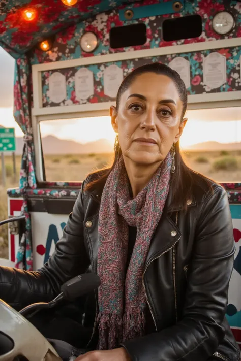  A 60-year-old woman,  with silver hair and a decisive expression ,  is behind the wheel of an impressive trailer on a desert road .  wears a worn leather jacket ,  and in the background there is a golden sunset that illuminates the asphalt . The trailer ,...