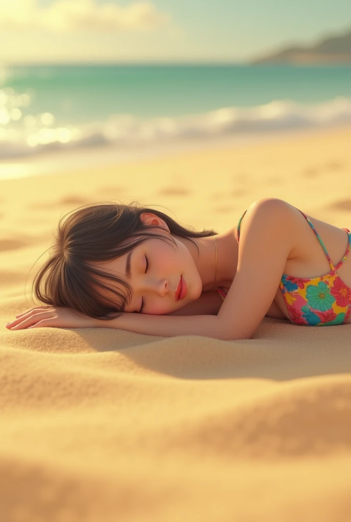  a girl in a bikini is half buried in the sand、 is sleeping、  How to sink in the sand other than her neck ,  buried ,  only her face sticks out of the sand  