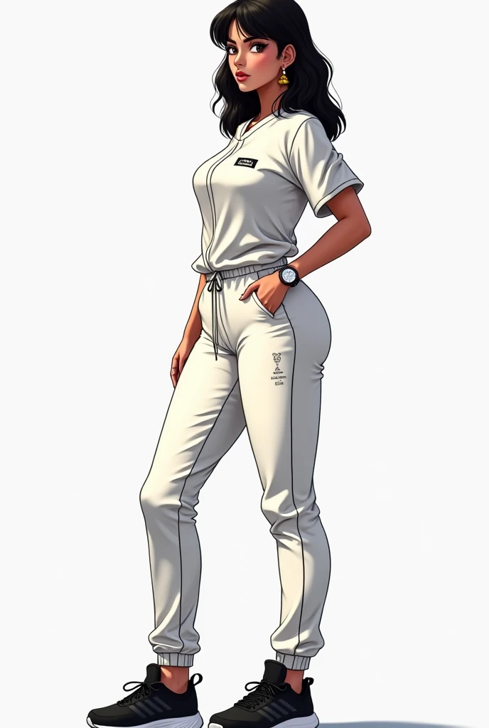  Female character, Skinny but a bit plump, a little tall white ,  black hair a little long ,  with a white Lloguer jumpsuit ,  a sports shirt with some logo like,  some black casual shoes ,  gold earrings a sports watch 