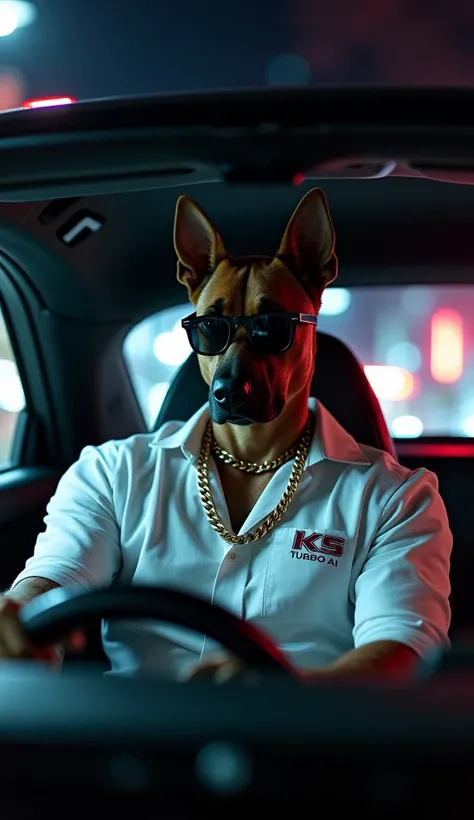 Follow the prompt for the image :  

" A humanoid with a muscular human body and the face of a Belgian Malinois dog ,  with pointed ears and a confident expression ,  drives a black Audi TT at night .  He is dressed in rapper style ,  wearing an oversized ...