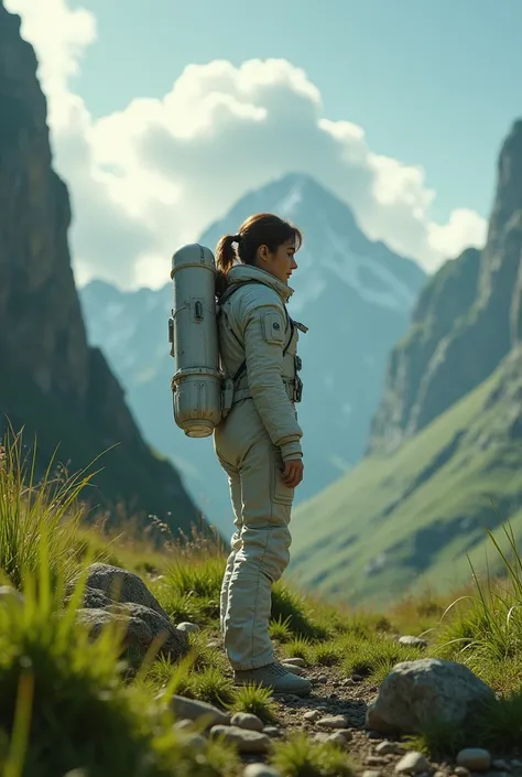 award winning clip  ( full body:0.8) (portrait photo:1.3) of a young woman ( science-fiction astronaut :1.3) common (:1.4), (Stargate :1.4),  looking at a verdant alien planet, ( mountains :1.2) (Tall grass:1.4), [stones,  fluffy clouds in the sky ,  raise...