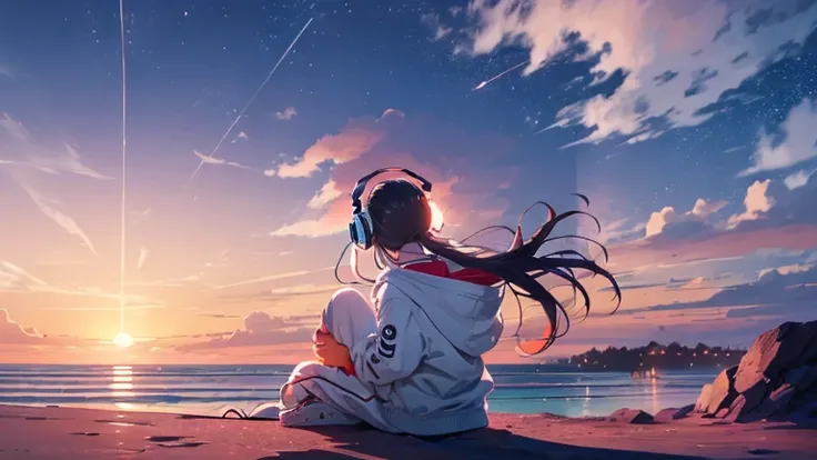 Girl with long hair, (looking up at the sunset on the beach), ((listening to music with big white headphones)) (wearing a white hoodie) The season is summer, landscape, starry sky, night, one girl, night sky, outdoors, clouds, Milky Way, sitting, long hair...