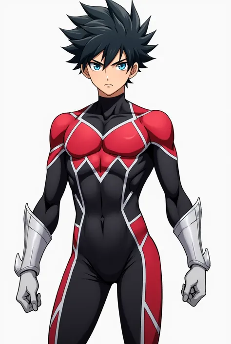  masterpiece,  better quality,  ultra detailed ,  illustration,  male anime teenager , thin torso,  blue eyes,  bright eyes, expression would be,  Closed mouth ,  penetrating look,  full body hair drill, Wearing a superhero costume,  red and black suit, bl...