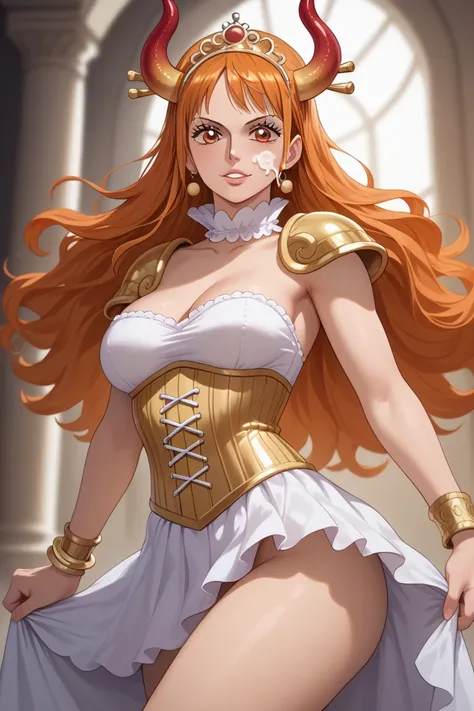 a woman, us(one piece), orange hair , orange eyes,  long hair , facial expression lust ,  blushed facial expression , athletic body, beautiful breasts,Dressing,   The dress is long , fluid and made of a material that looks like a mixture of silk and satin,...