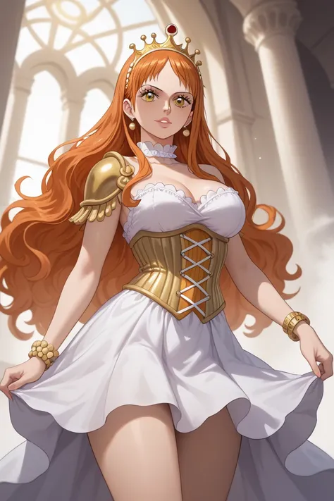 a woman, us(one piece), orange hair , orange eyes,  long hair , facial expression lust ,  blushed facial expression , athletic body, beautiful breasts,Dressing,   The dress is long , fluid and made of a material that looks like a mixture of silk and satin,...